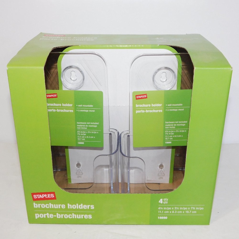 Staples set 4 Brochure Holders 4 3/6 x 3 1/4 x 7 3/4 NEW in PACKAGE.